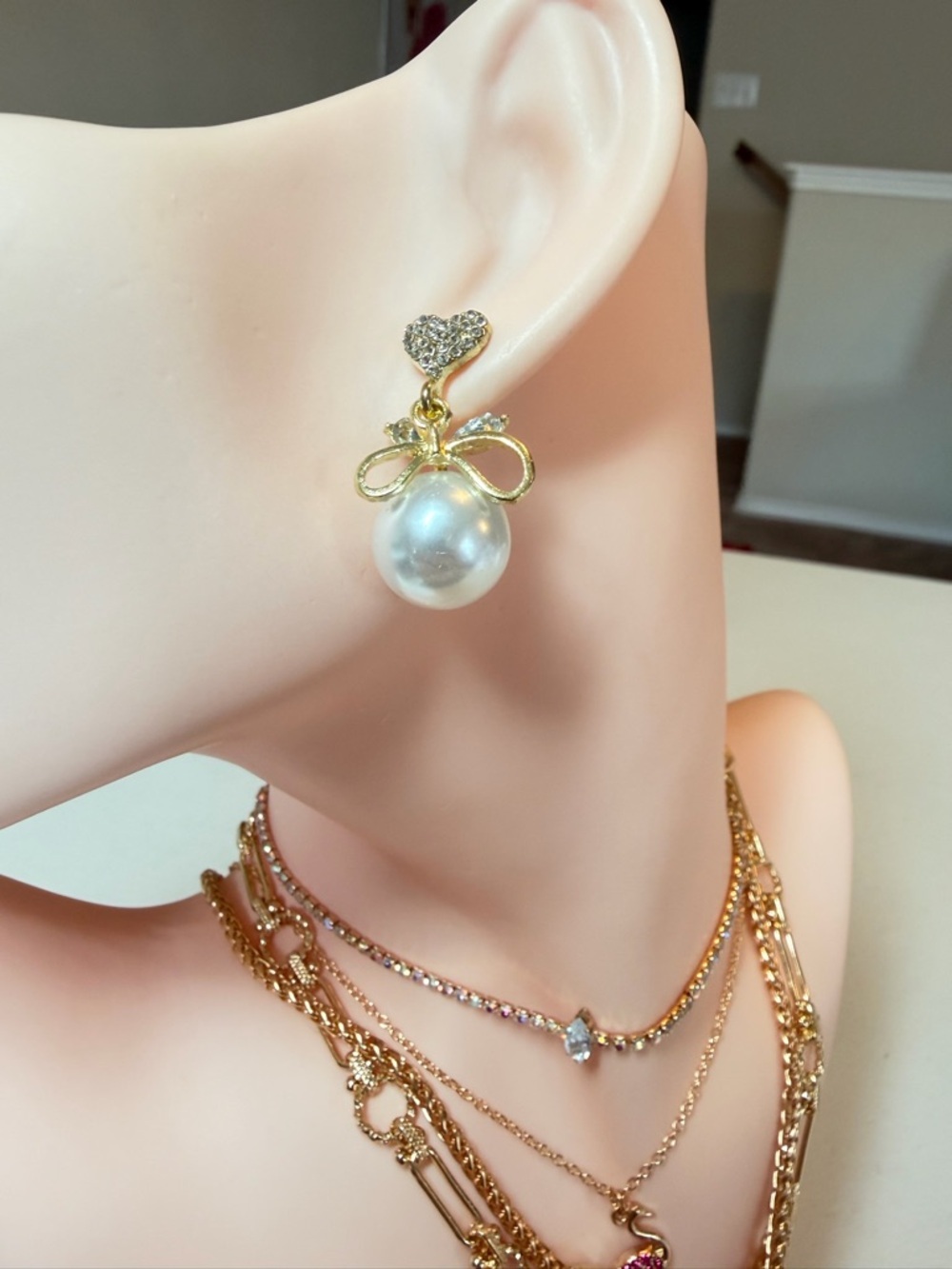 Gold Pearl Stud Heart Drop Earrings. - Picture 4 of 6